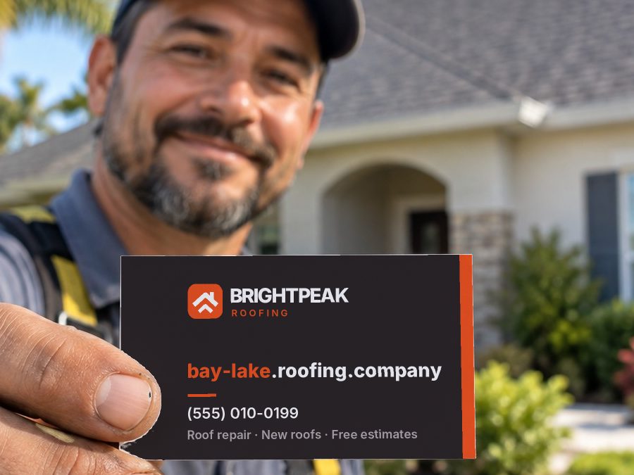 bay-lake.roofing.company on a roofer's business card