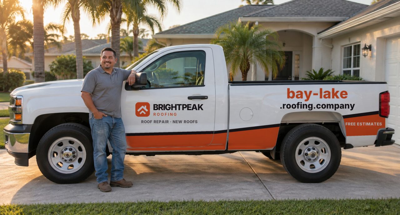 bay-lake.roofing.company painted on the side of a white work truck