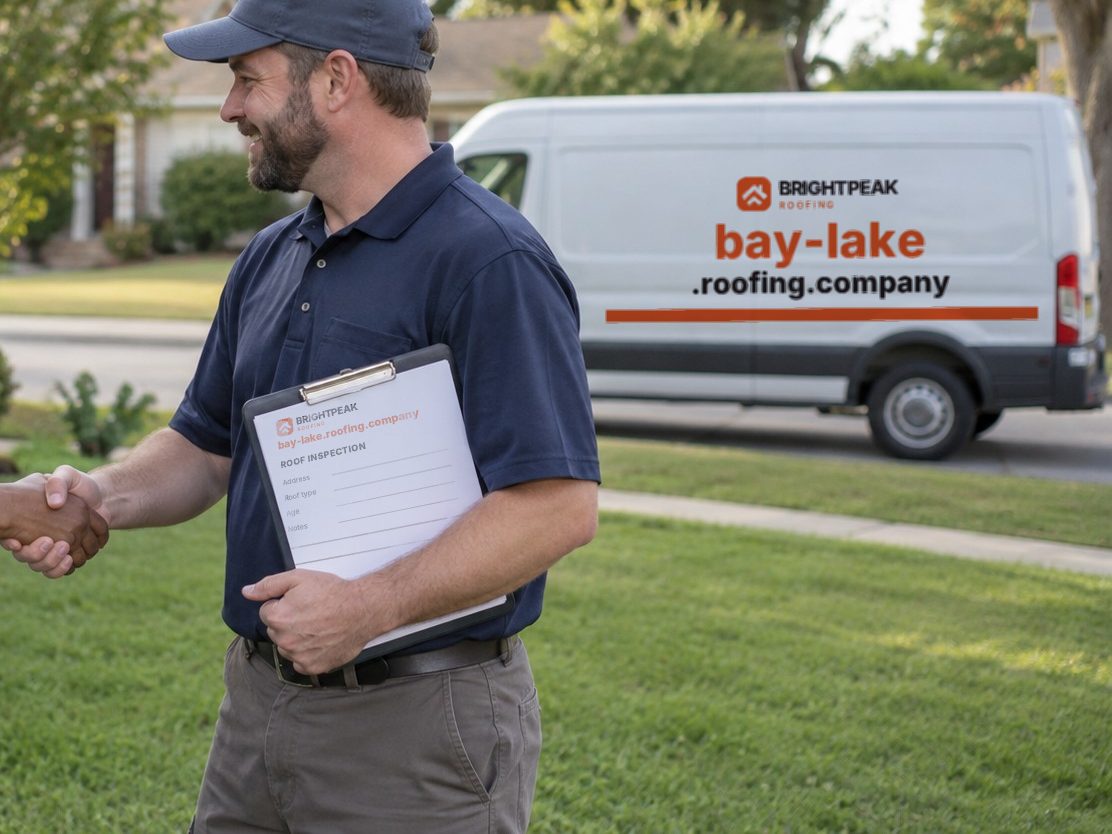bay-lake.roofing.company on a roofing van and an inspection form